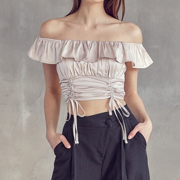 OFF SHOULDER SATIN RUCHED TOP - Picture 1 of 3